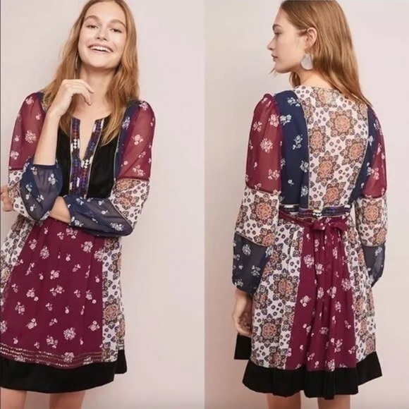 Maeve Anthropologie Quartier Latin Embroidered Patchwork Velvet Dress - Picture 1 of 12